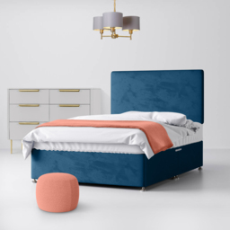 Small Single - Divan Bed and Cornell Plain Headboard - Deep Blue - Velvet - 2ft6 - Happy Beds - thumbnail 1