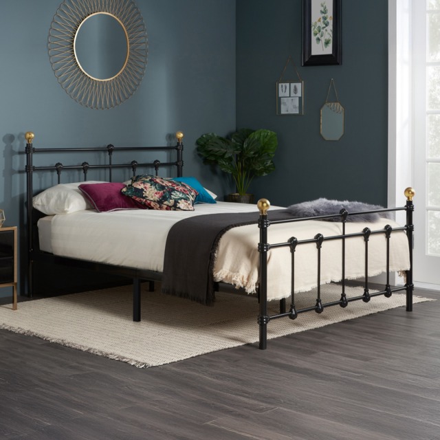 Atlas - Single -Black Metal Bed Frame with Antique Brass Finials - Single - Happy Beds - image 1