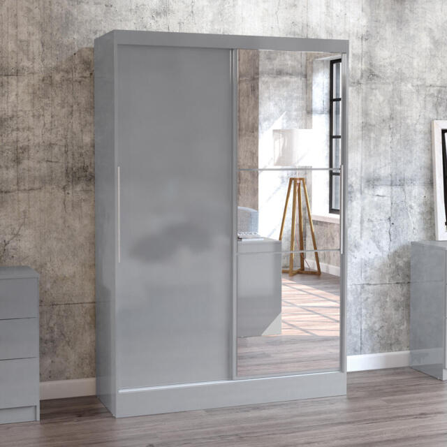 Lynx - 2 Door Sliding Wardrobe With Mirror - Grey - Mirror/Wooden - Happy Beds - image 1