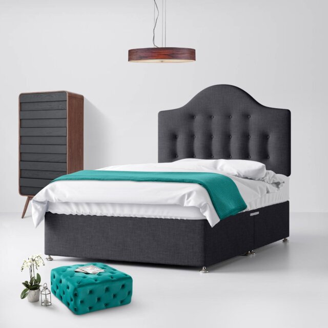 Double - Divan Bed and Victor Buttoned Headboard - Dark Grey - Charcoal - Fabric - 4ft6 - Happy Beds - image 1
