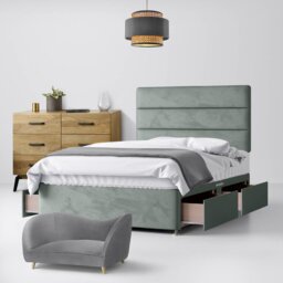 Single - Divan Bed and Cornell Lined Headboard - Light Grey - Velvet - 3ft - Happy Beds - thumbnail 3