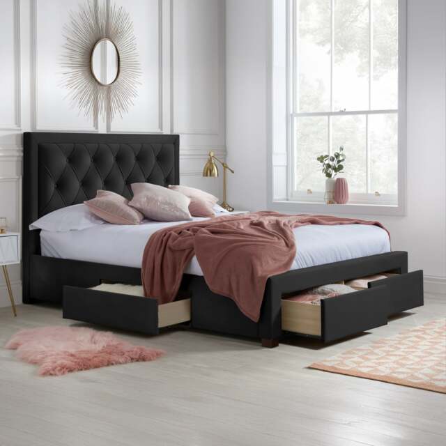 Woodbury - Double - 4 Drawer Storage Bed - Black - Velvet - 4ft6 - Happy Beds