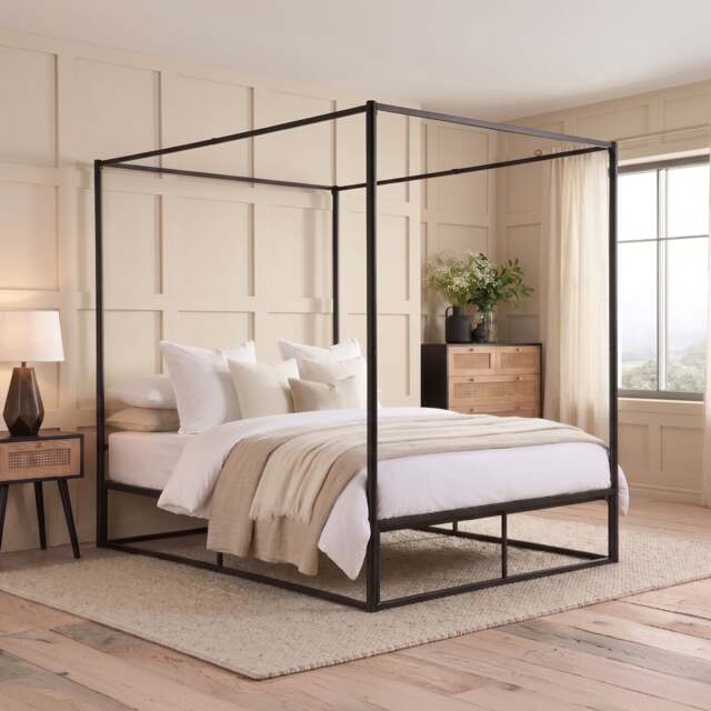 Farringdon - Double - 4 Posted Canopy Bed - Black - Metal - 4ft6 - Happy Beds - image 1