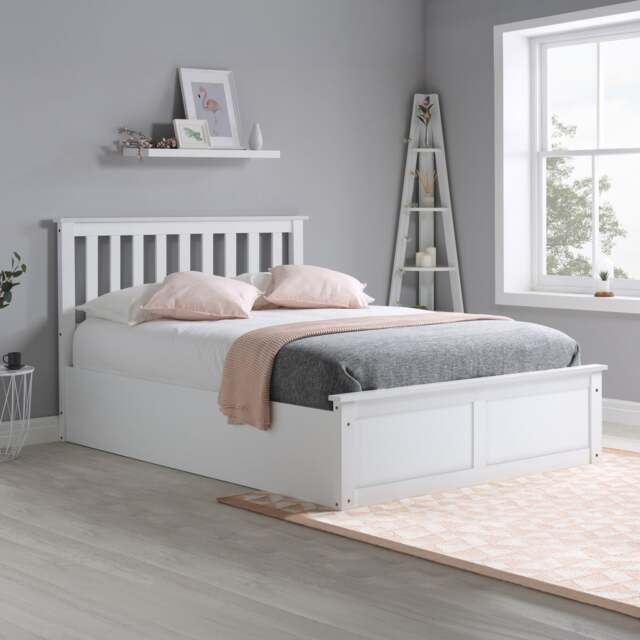 Phoenix - Double - White Wooden Ottoman Storage Bed Frame - Slatted Headboard - Double - Happy Beds