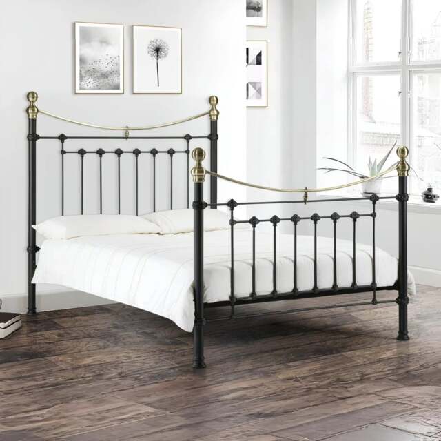 Victoria - King Size Satin Black Metal Bed Frame - 5ft - Victorian Style - Opulent Brass Finials - Happy Beds - image 1