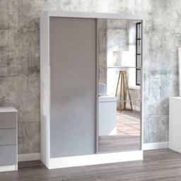 Lynx - 2 Door Sliding Wardrobe With Mirror - White/Grey - Mirror/Wooden - Happy Beds - thumbnail 1