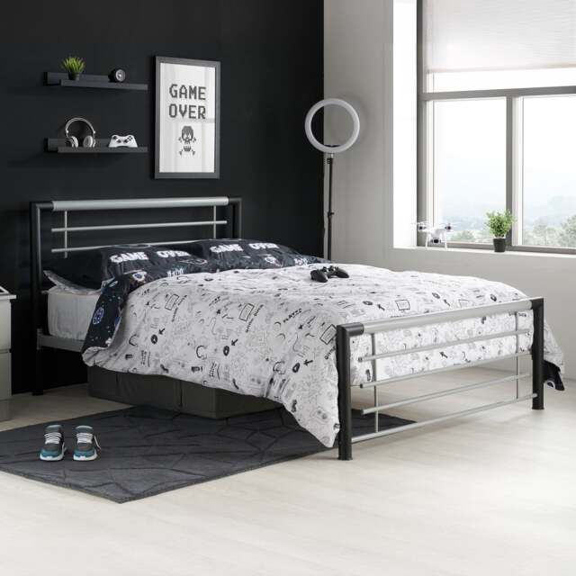 Faro - Double Black and Silver Finish Metal Bed Frame - 4ft- - Happy Beds