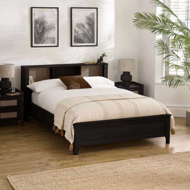 Sydney - King-Size - Rattan Oak-Effect Bookcase Bed - Black - Wooden - 5ft - Happy Beds - image 1