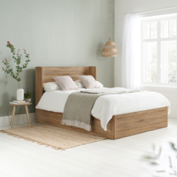 Olden – King Size – Wooden Ottoman Storage Bed with Winged Headboard – Oak – Fabric/Wooden – 5ft - Happy Beds - thumbnail 1