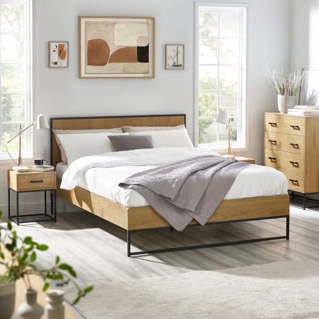 Harlow - Double - Wood and Metal Bed - Black/Oak - Wooden/Metal - 4ft6 - image 1