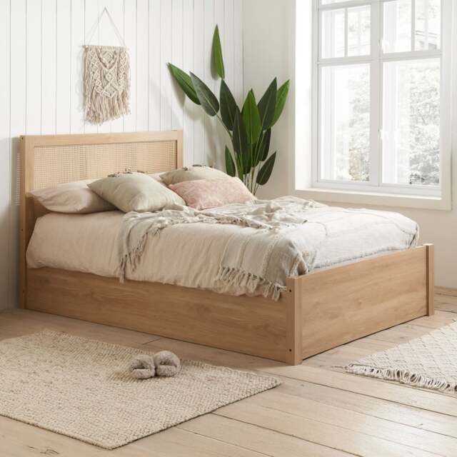Croxley - King Size - Ottoman Storage Bed Frame - Oak - Rattan Wood - 5ft - Happy Beds - image 1