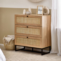 Padstow - 3 Drawer Chest - Oak - Wooden/Rattan - Happy Beds - thumbnail 1