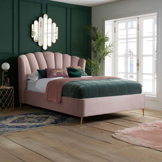 Lottie - Double - Ottoman Bed Frame - Pink - Velvet - Art Deco - 4FT6 - Happy Beds - image 1