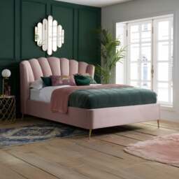 Lottie - Double - Ottoman Bed Frame - Pink - Velvet - Art Deco - 4FT6 - Happy Beds