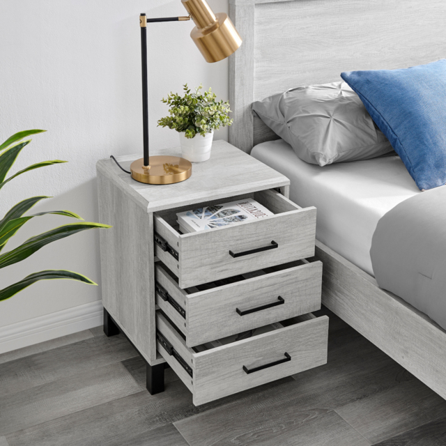 Rodley - 3 Drawer Bedside Table - Grey Oak - Wooden - Happy Beds - image 1