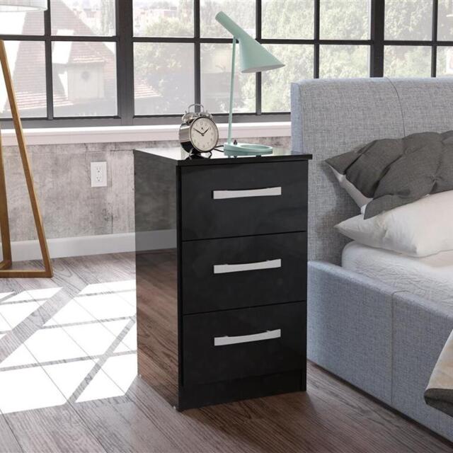 Lynx - Gloss 3 Drawer Bedside Table - Black - Wooden - Happy Beds - image 1
