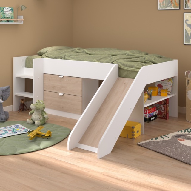 Tobo - Single - Kids Mid Sleeper Bed - Slide - White and Oak - Wood - 3ft - Happy Beds
