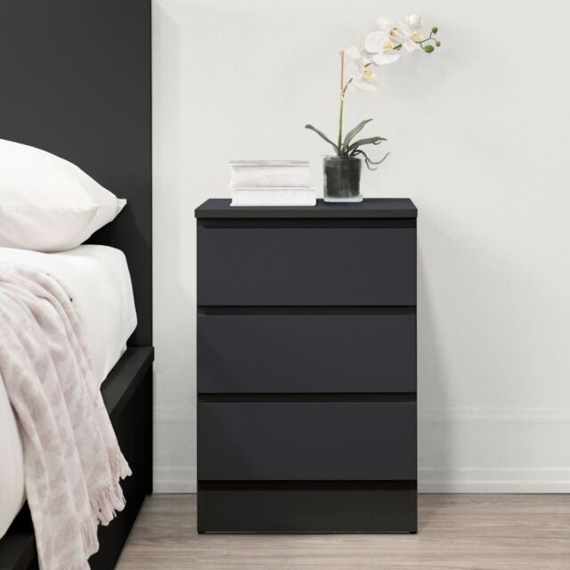 Oslo - 3 Drawer Bedside Table - Black - Wooden - Happy Beds - image 1