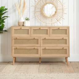 Croxley - 7 Drawer Chest of Drawers - Oak - Rattan - Wooden - Happy Beds - thumbnail 1