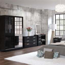 Lynx - 4 Door Combination Wardrobe With Mirror - Black - Wooden/Mirror - Happy Beds - thumbnail 6