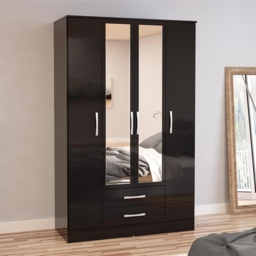Lynx - 4 Door Combination Wardrobe With Mirror - Black - Wooden/Mirror - Happy Beds - thumbnail 1