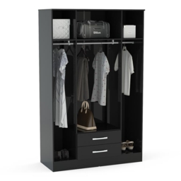 Lynx - 4 Door Combination Wardrobe With Mirror - Black - Wooden/Mirror - Happy Beds - thumbnail 2