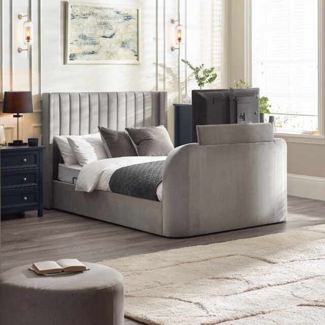 Clara – King Size – Side-Lift Ottoman TV Bed – Light Grey – Velvet – 5ft - Happy Beds