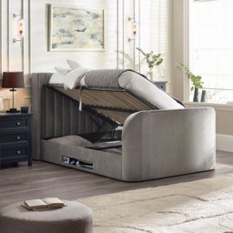 Clara – King Size – Side-Lift Ottoman TV Bed – Light Grey – Velvet – 5ft - Happy Beds - thumbnail 3