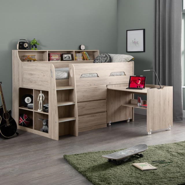 Jupiter - Single - Kids Mid Sleeper Cabin Bed - Oak - Wood - 3ft - Happy Beds