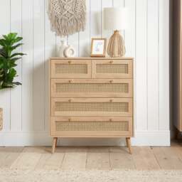 Croxley - 5 Drawer Chest of Drawers - Oak - Rattan - Wooden - Happy Beds - thumbnail 1