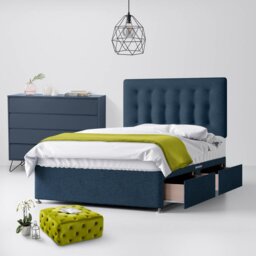 Single - Divan Bed and Cornell Buttoned Headboard - Dark Blue - Fabric - 3ft - Happy Beds - thumbnail 2