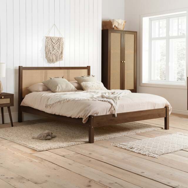 Croxley - Double - Bed Frame - Walnut - Rattan Wood - 4ft6 - Happy Beds - image 1