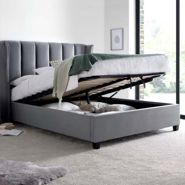 Aurora - King Size - Ottoman Storage Bed - Grey - Velvet - 5ft - Happy Beds