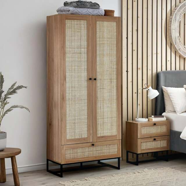 Padstow - Combination Wardrobe - Oak - Wooden/Rattan - Happy Beds - image 1