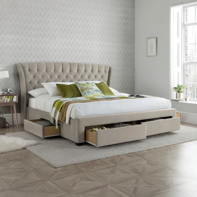 Newton - Double Bed - 4 Drawer Storage - Neutral Stone - Velvet - 4ft6 - Happy Beds - image 1