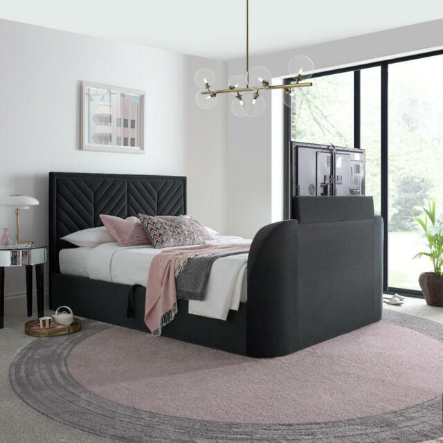 Sherlock - King Size - Side-Opening Ottoman Storage Electric TV Bed - Dark Grey - Velvet - 5ft - Happy Beds - image 1