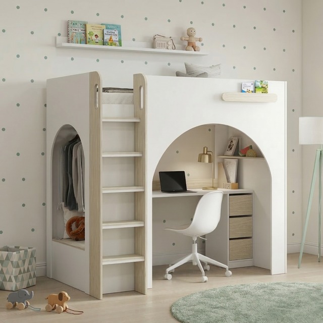 Curve - Single - Storage High Sleeper Bed with Desk, Shelving and Wardrobe - White/Oak - Wooden - 3ft - image 1