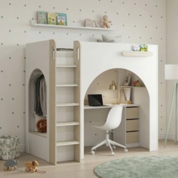 Curve - Single - Storage High Sleeper Bed with Desk, Shelving and Wardrobe - White/Oak - Wooden - 3ft - thumbnail 1
