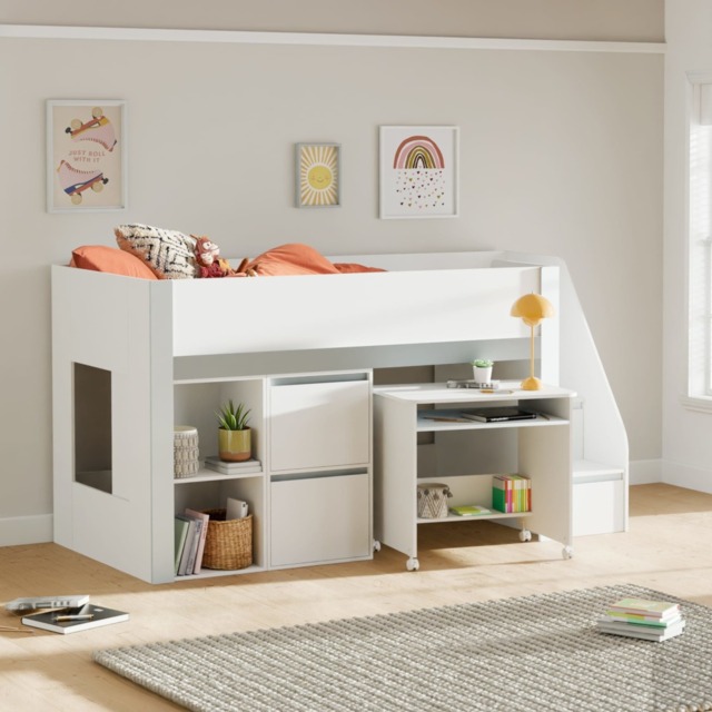 Gaia - Single - Storage Mid Sleeper with Shelving, Drawers and a Pull-Out Desk - White/Silver - Wooden - 3ft - image 1