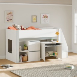 Gaia - Single - Storage Mid Sleeper with Shelving, Drawers and a Pull-Out Desk - White/Silver - Wooden - 3ft