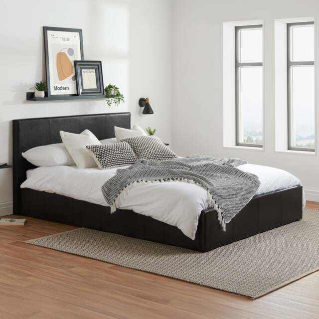 Berlin - King Size Black Leather Ottoman Storage Bed Frame - King - Happy Beds