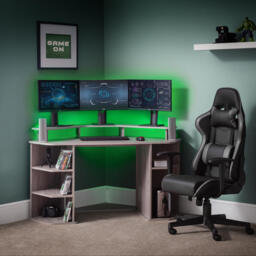 Orbit - Corner Gaming Desk - Grey Oak - Wooden - Happy Beds - thumbnail 1