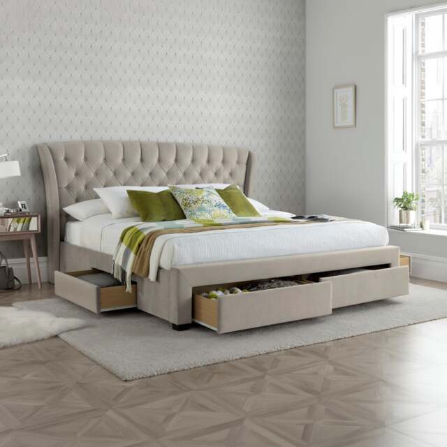 Newton - King Size - 4-Drawer Storage Bed - Neutral Stone - Velvet - 5ft - Happy Beds - image 1