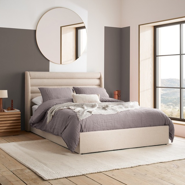 Colton – Double – Boucle Ottoman Storage Bed with Ribbed Headboard – Sand – Fabric – 4ft6 - Happy Beds