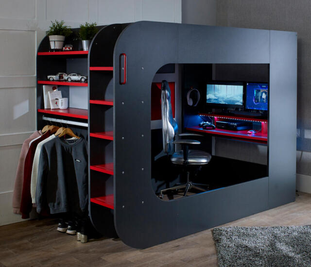 Pod Bed - Grey and Red - High Sleeper - Gaming Bed - Happy Beds