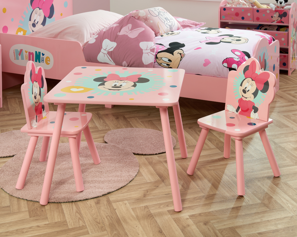 Disney Minnie Mouse Table/2 Chairs Pink Wooden Happy