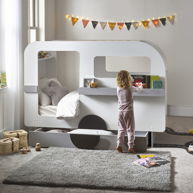 Tourer - Single - Caravan Shaped Kids Bed with Shelving and Underbed Drawer - Grey/White - Wooden - 3ft - Happy Beds - image 1