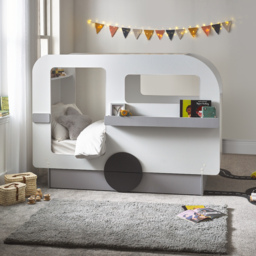 Tourer - Single - Caravan Shaped Kids Bed with Shelving and Underbed Drawer - Grey/White - Wooden - 3ft - Happy Beds - thumbnail 2