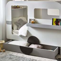 Tourer - Single - Caravan Shaped Kids Bed with Shelving and Underbed Drawer - Grey/White - Wooden - 3ft - Happy Beds - thumbnail 3