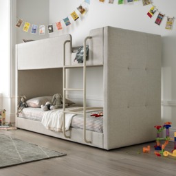 Saturn - Single - Kids Bunk Bed - Neutral Oatmeal - Fabric - 3ft - Happy Beds